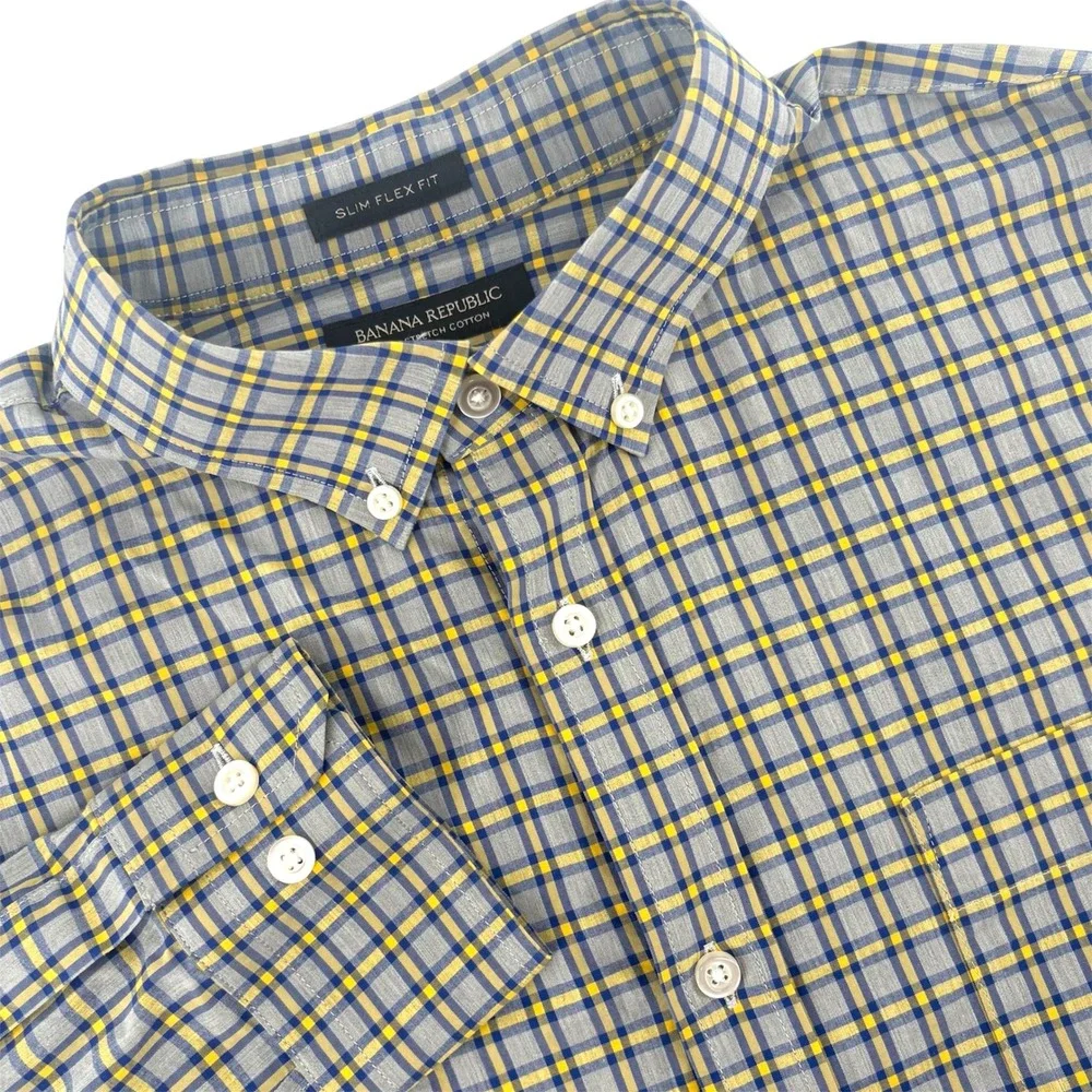 Banana Republic Mens Slim Flex Fit Tech Stretch Plaid Shirt Grey Blue Yellow L